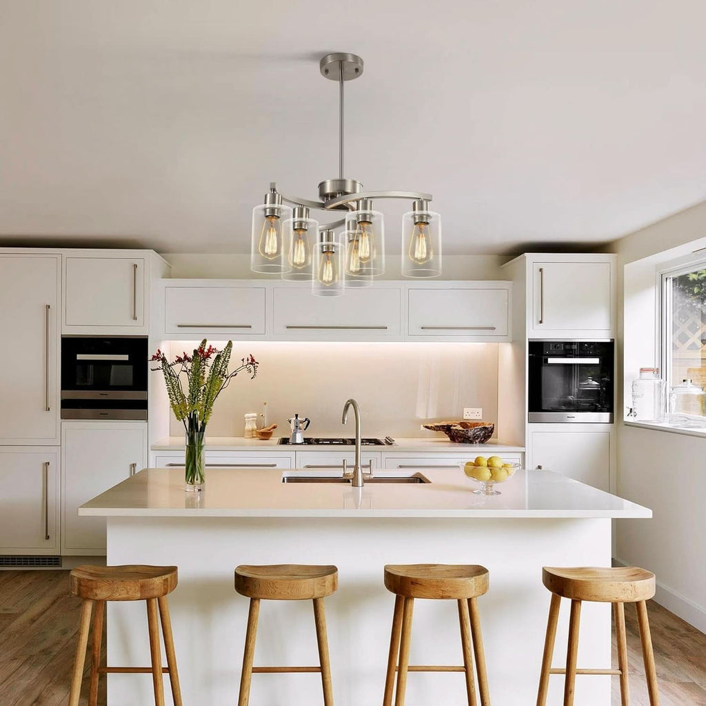 Six Light Brushed Nickel Industrial Glass Chandelier