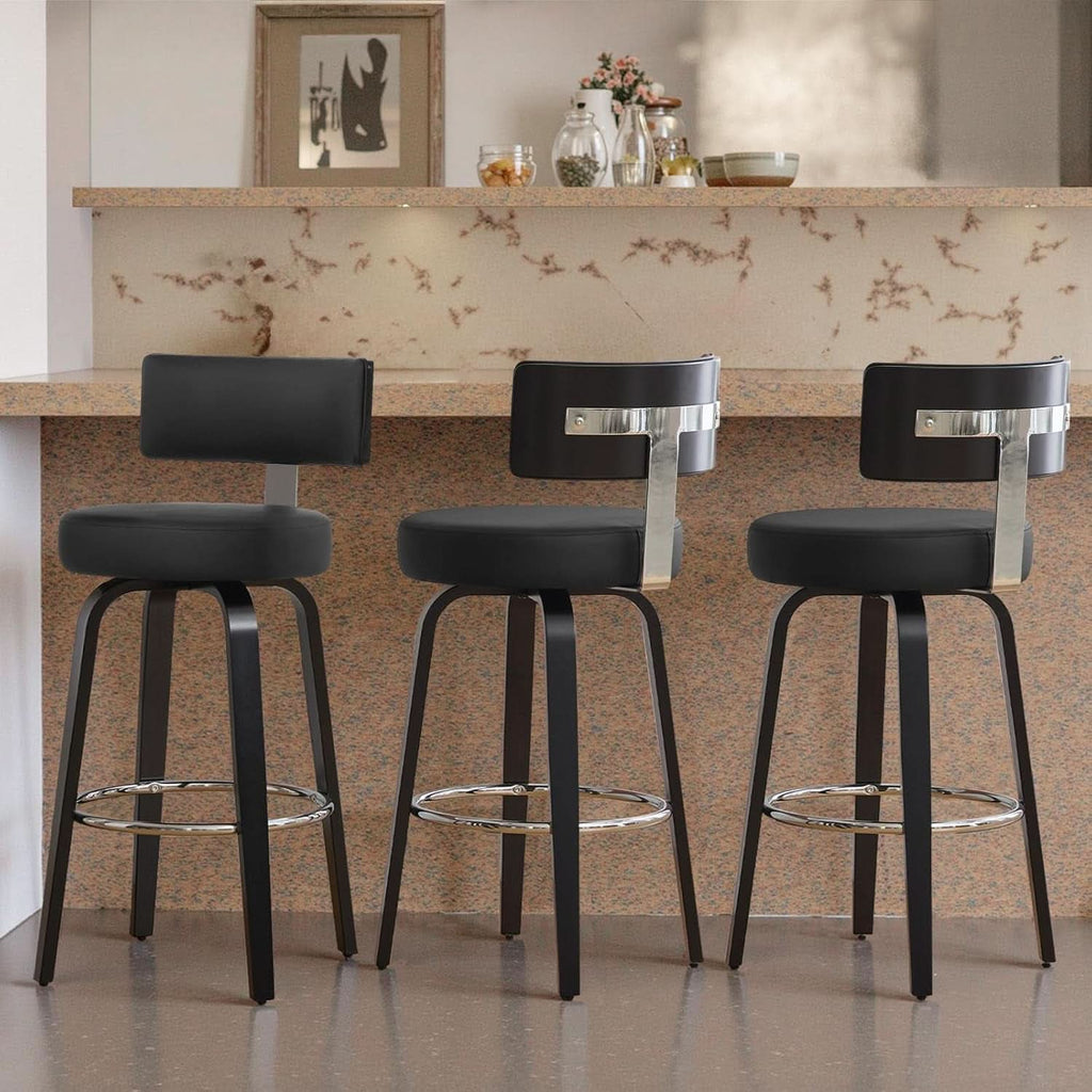 29 Inch Counter Height Black Faux Leather Swivel Bar Stools With Back Set Of 3