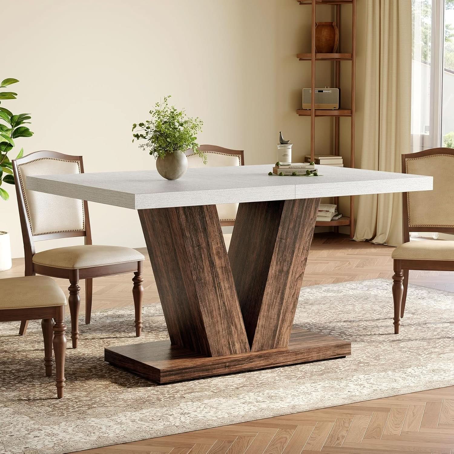 47 Inch White Rectangular Dining Table With Rustic Pedestal