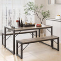 Dining Table Set For 4 With 2 Benches Gray Finish Modern