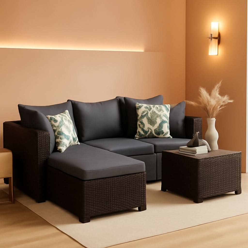 5 Piece Patio Furniture Set Waterproof Rattan Grey Cushions