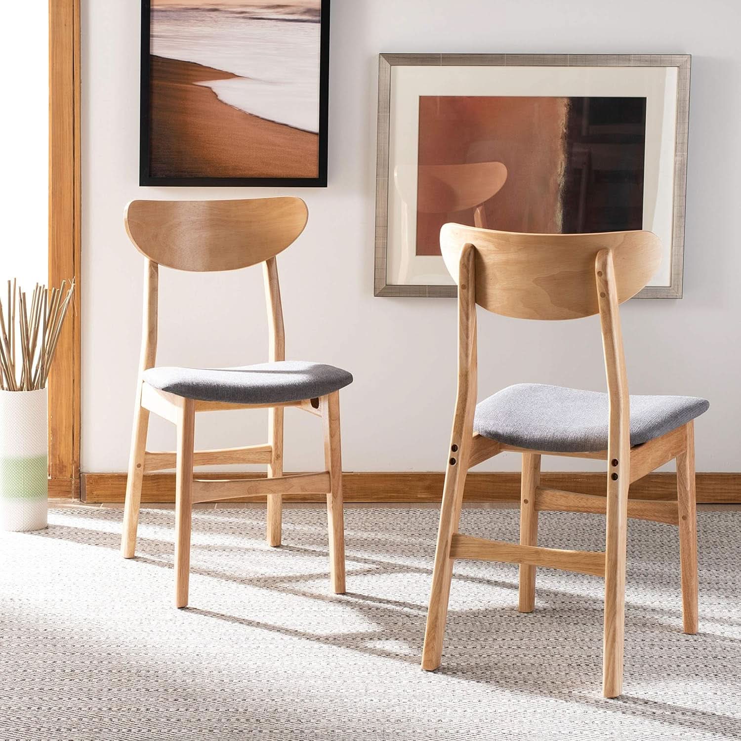 Dining Chair Set Of 2 With Grey Cushions And Natural Wood
