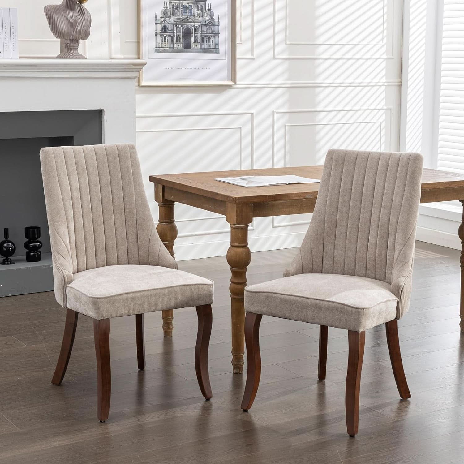 Beige Upholstered Dining Chairs 2 Pack Curved Wood Legs