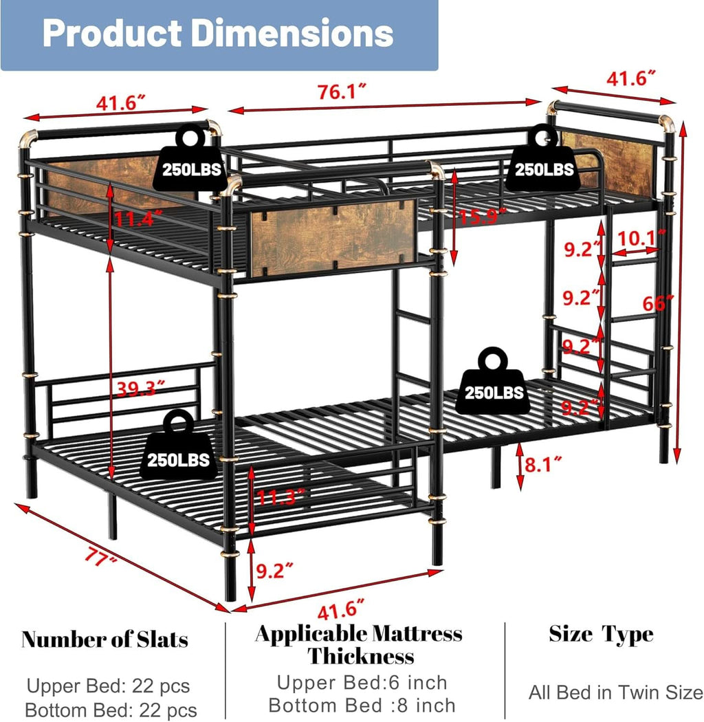 Quad Bunk Bed Twin Size Metal With Ladders Detachable Black