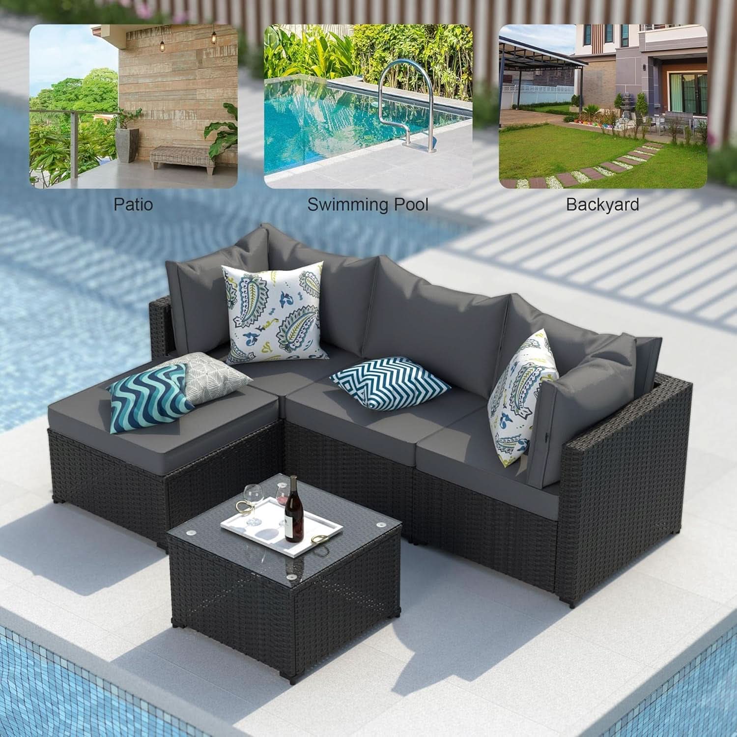 5 Piece Patio Furniture Set Waterproof Rattan Grey Cushions