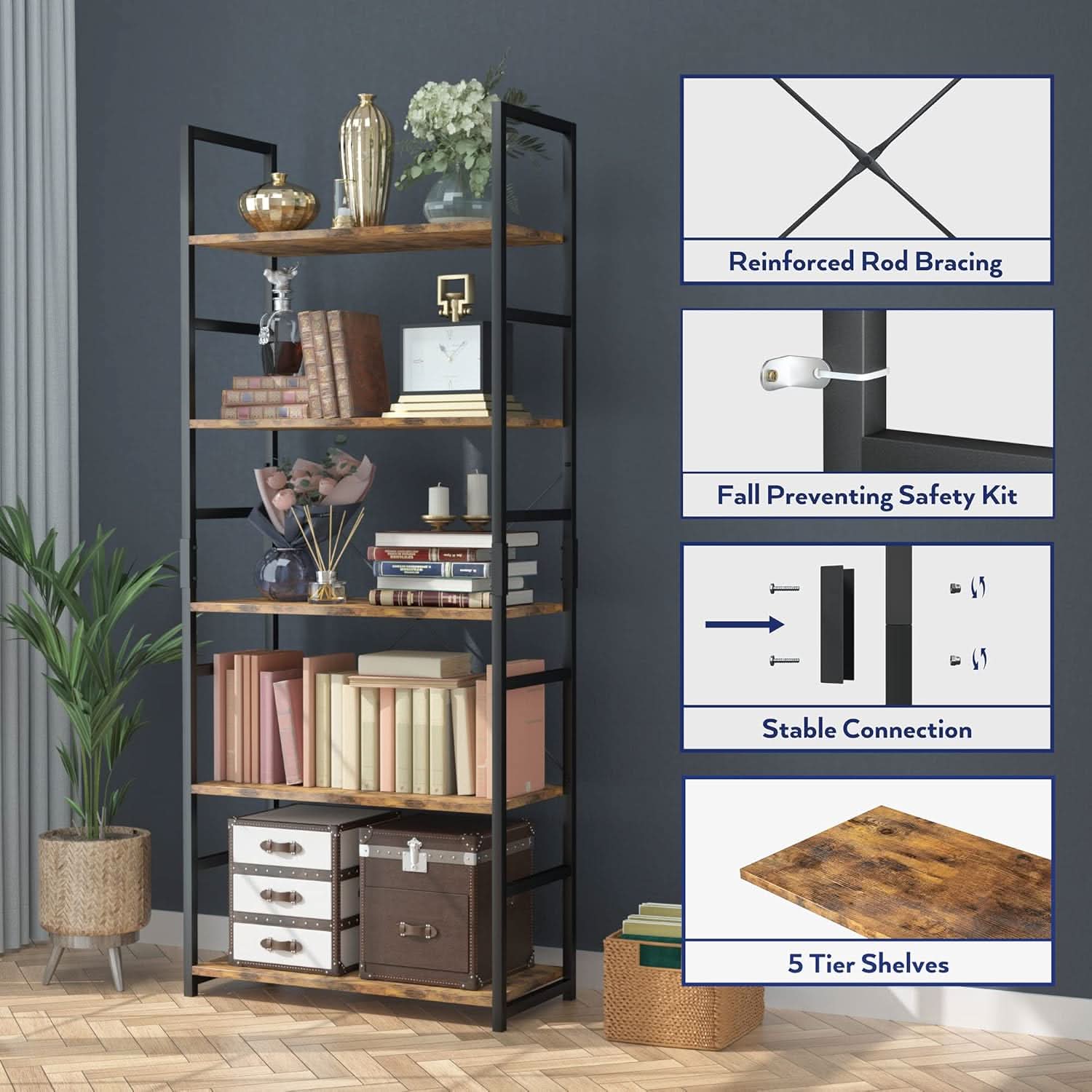 Tall 5 Shelf Vintage Bookcase With Metal Frame Storage