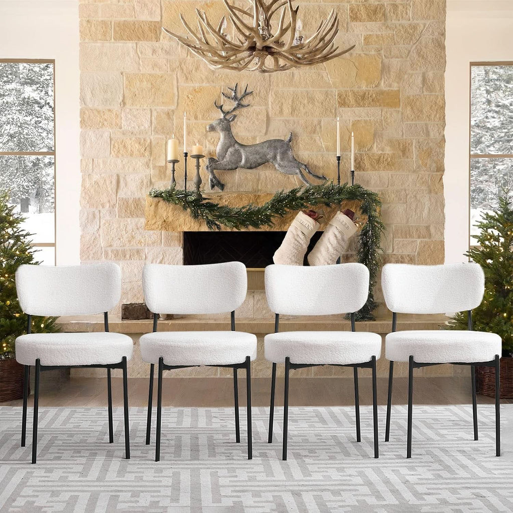 White Boucle Upholstered Dining Chairs With Cushions