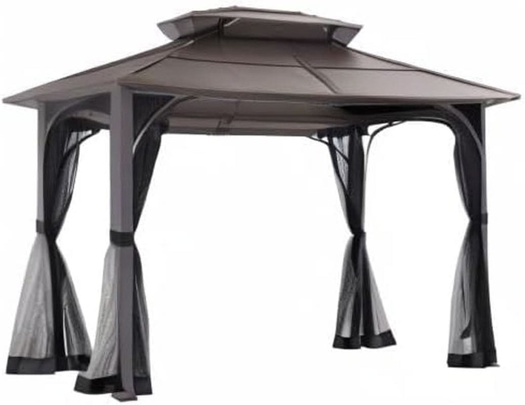 10x12 Brown Hardtop Gazebo With Steel Frame And Netting For Outdoor Patio Garden Canopy Shelter