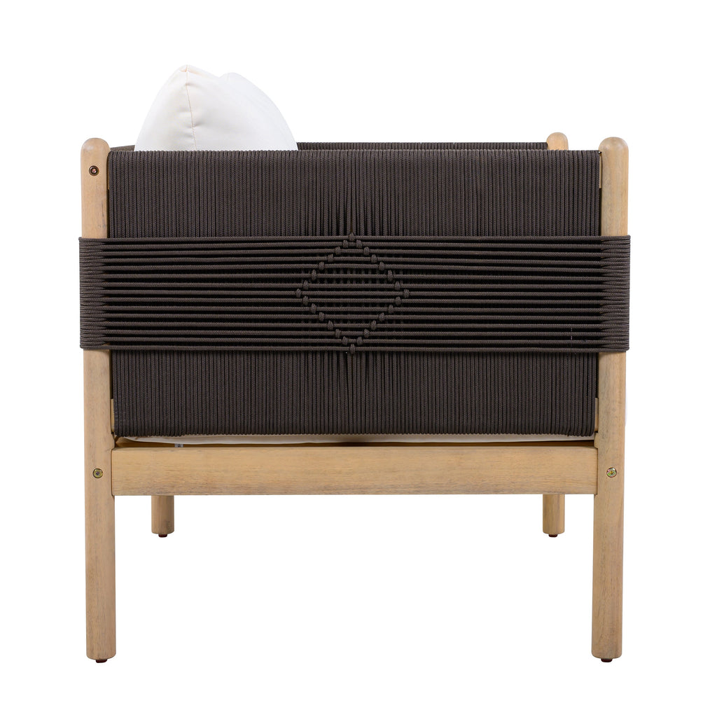 Outdoor Acacia Club Chairs (Set of 2) with Diamond-Pattern Black Rope, Light Teak Finish