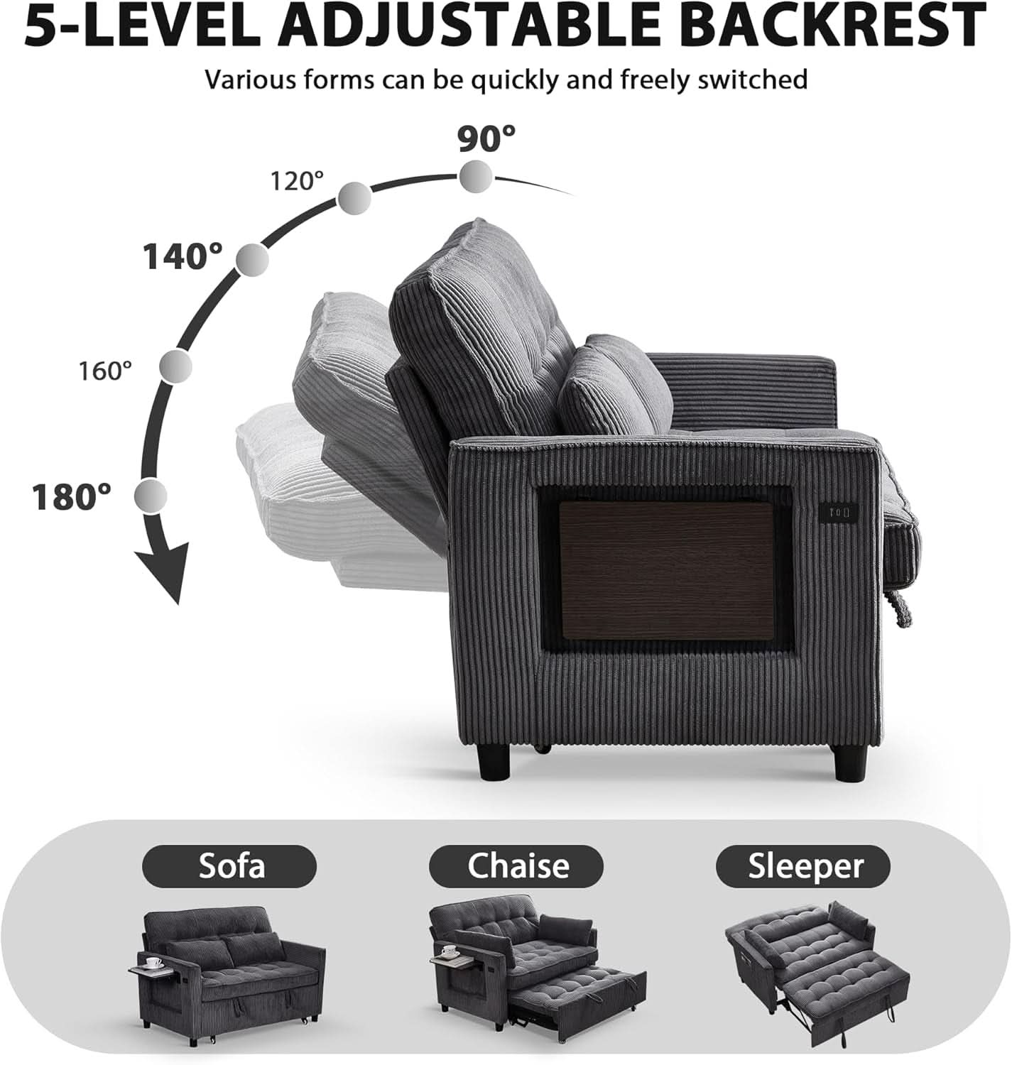 55Inch Convertible Sleeper Sofa With USBPort Corduroy