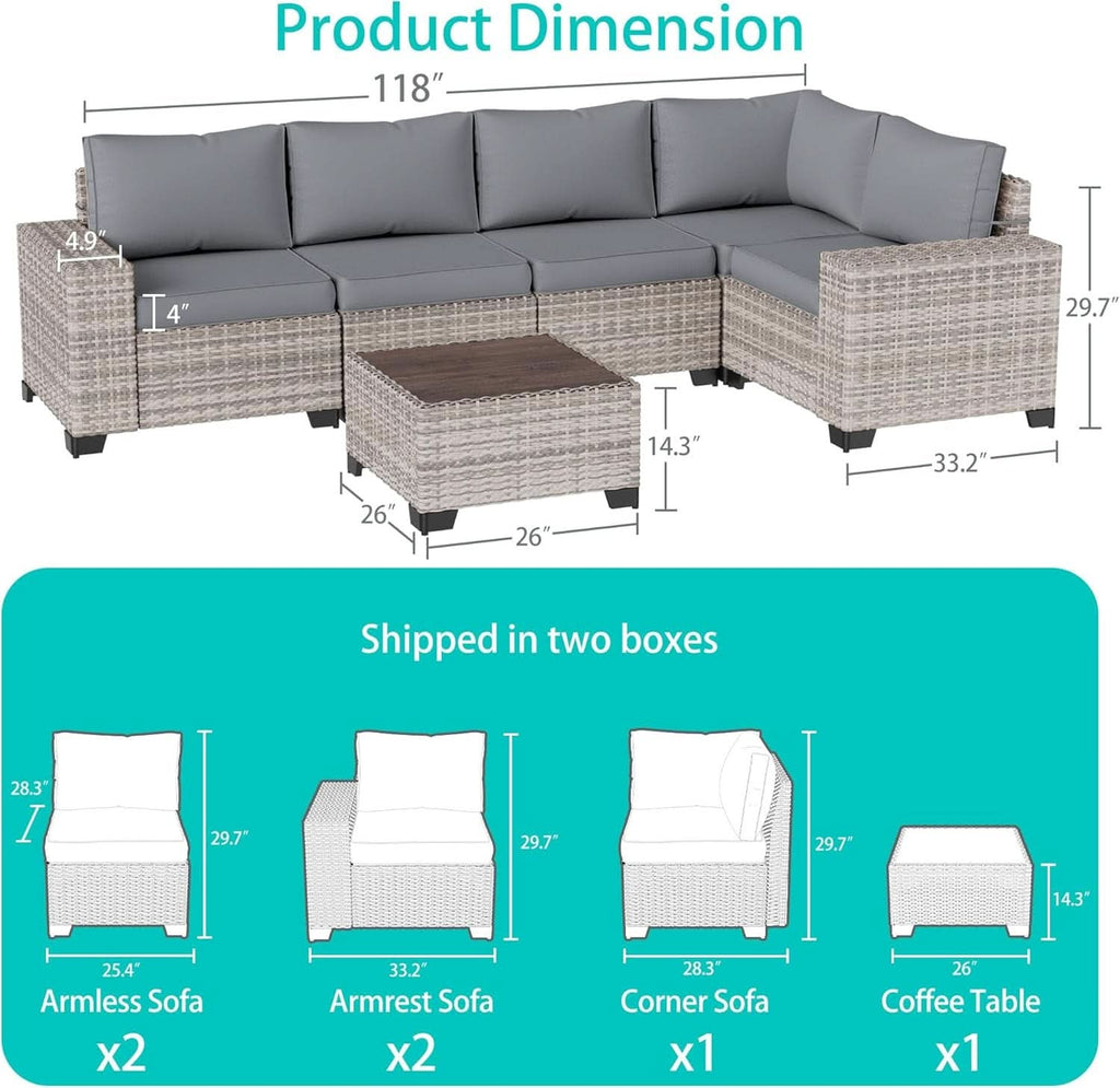 6-Piece Outdoor Wicker Patio Set With Grey Cushions