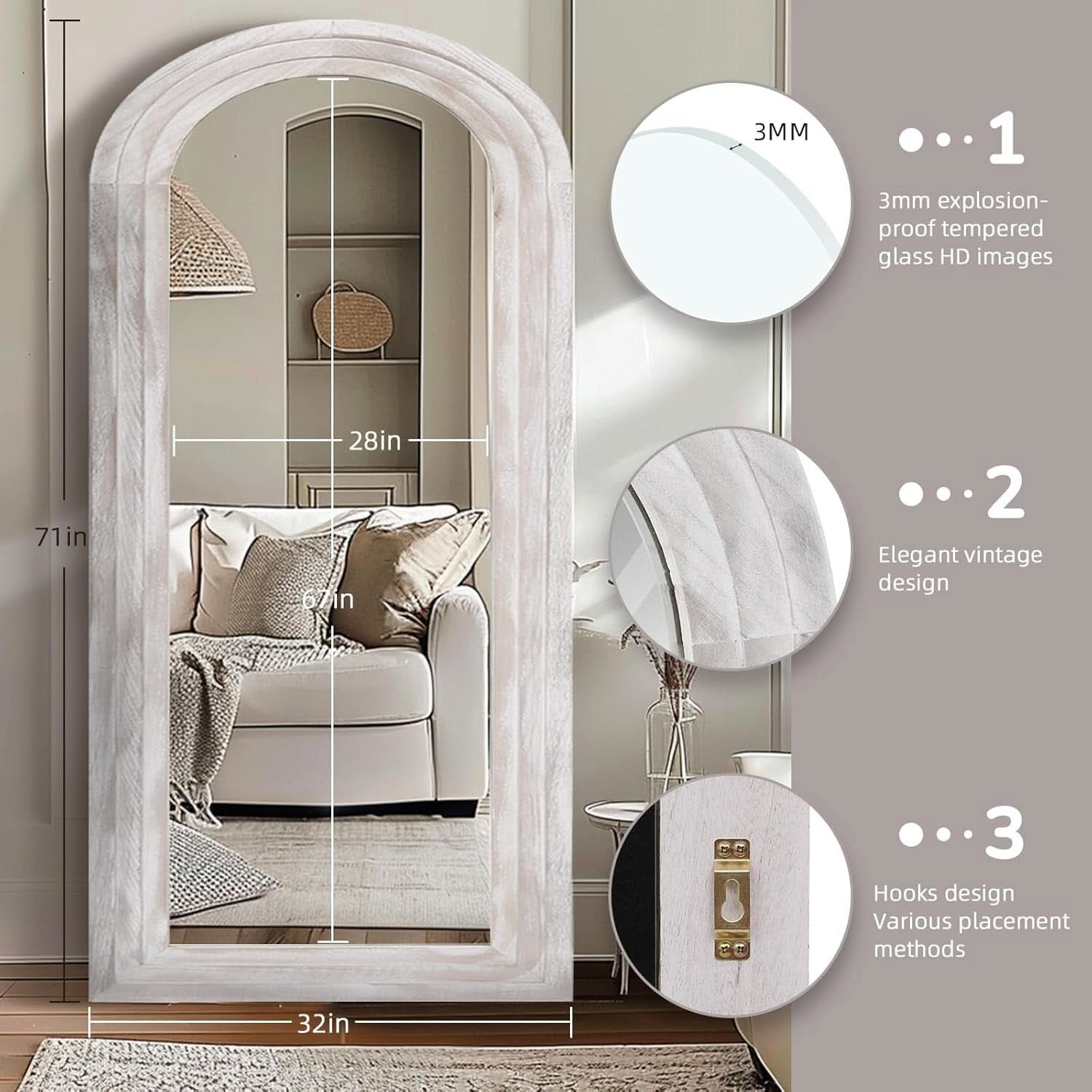 Arched Full Length Mirror With Solid Wood Frame 71x32 Rustic White