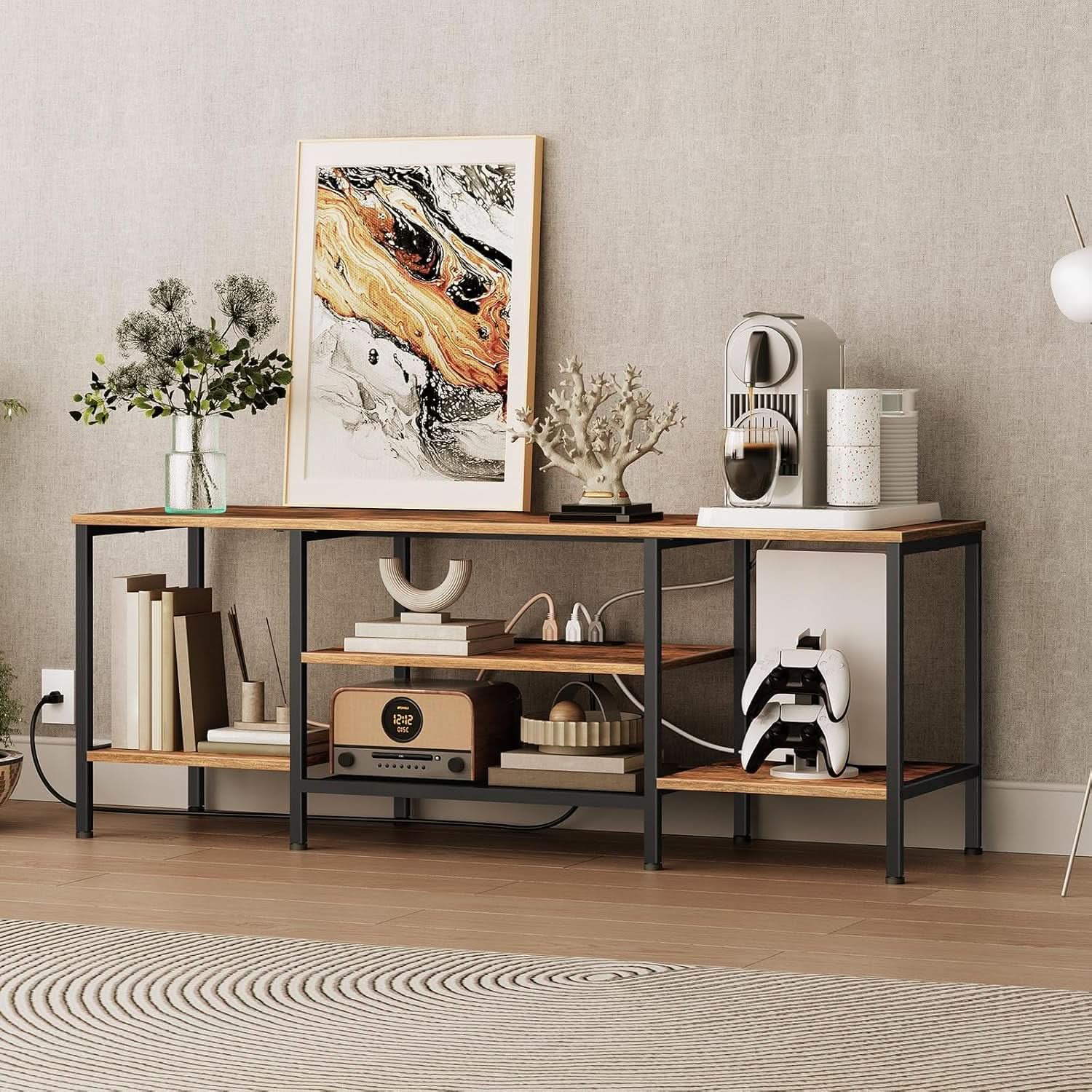 TV Stand With Power Outlets For 65 Inch TV Open Shelves