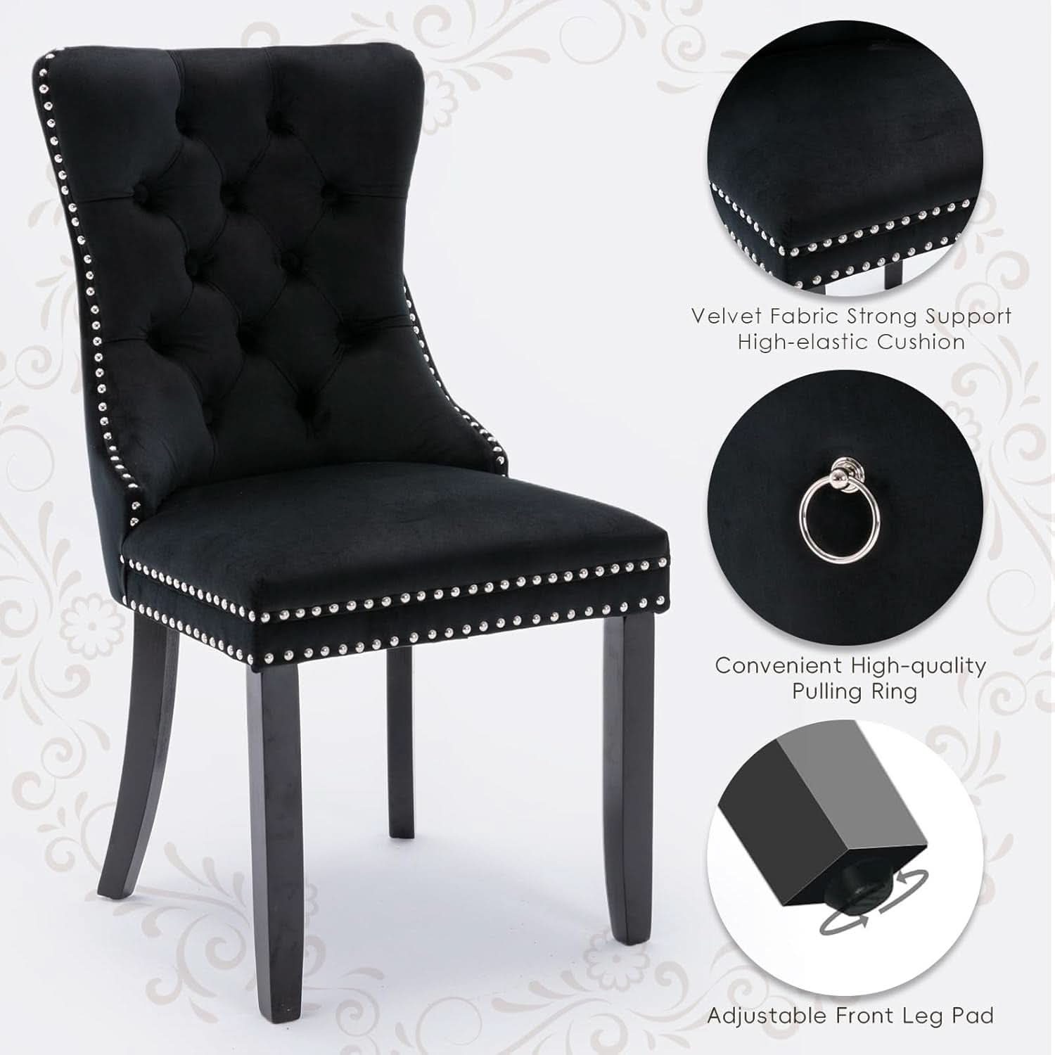 Black Velvet Dining Chairs Set Of 4 With Nailhead Trim