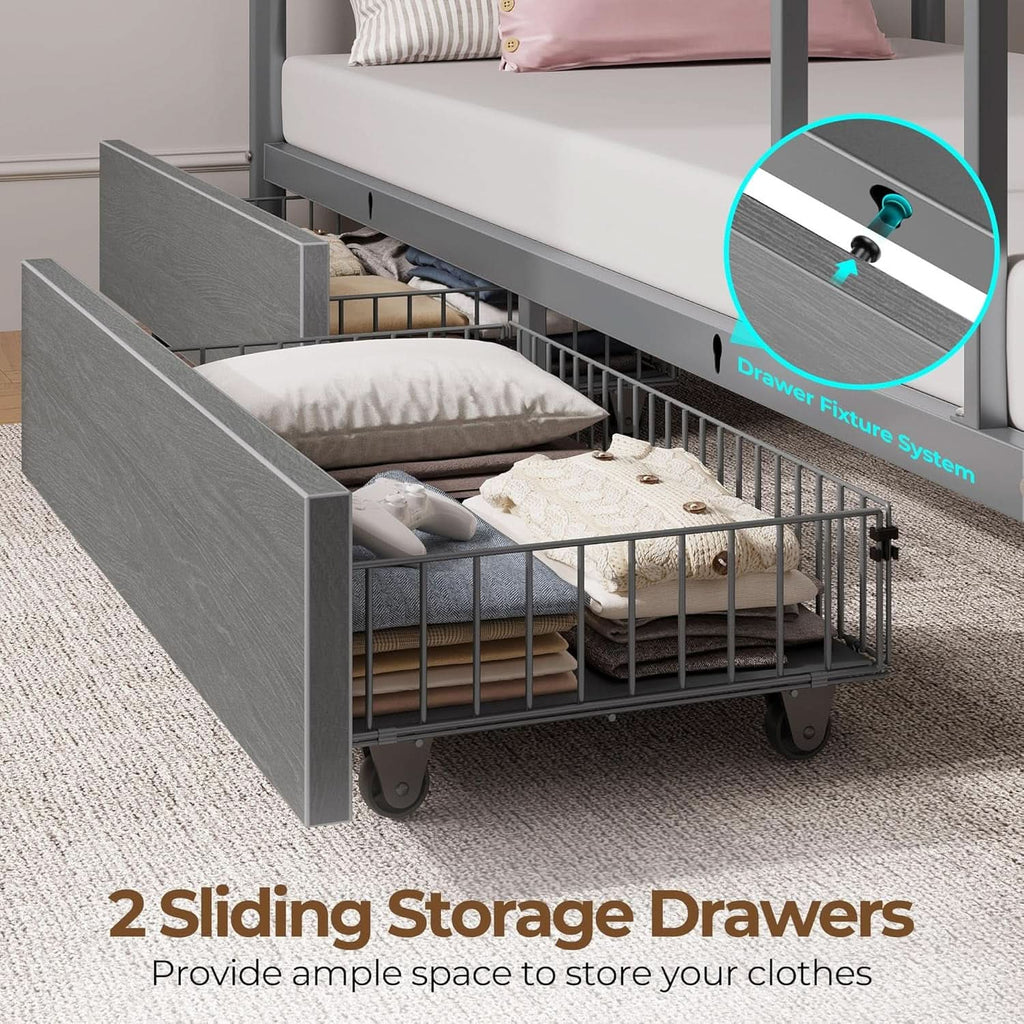 Grey Metal Twin Bunk Bed With USB Charging And Drawers