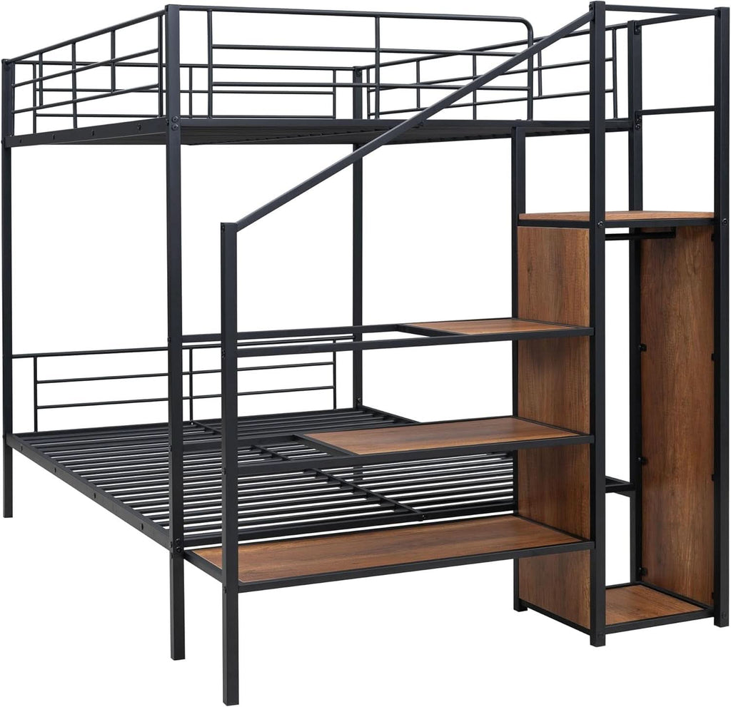 Full Over Full Metal Bunk Bed With Storage Stairs Black