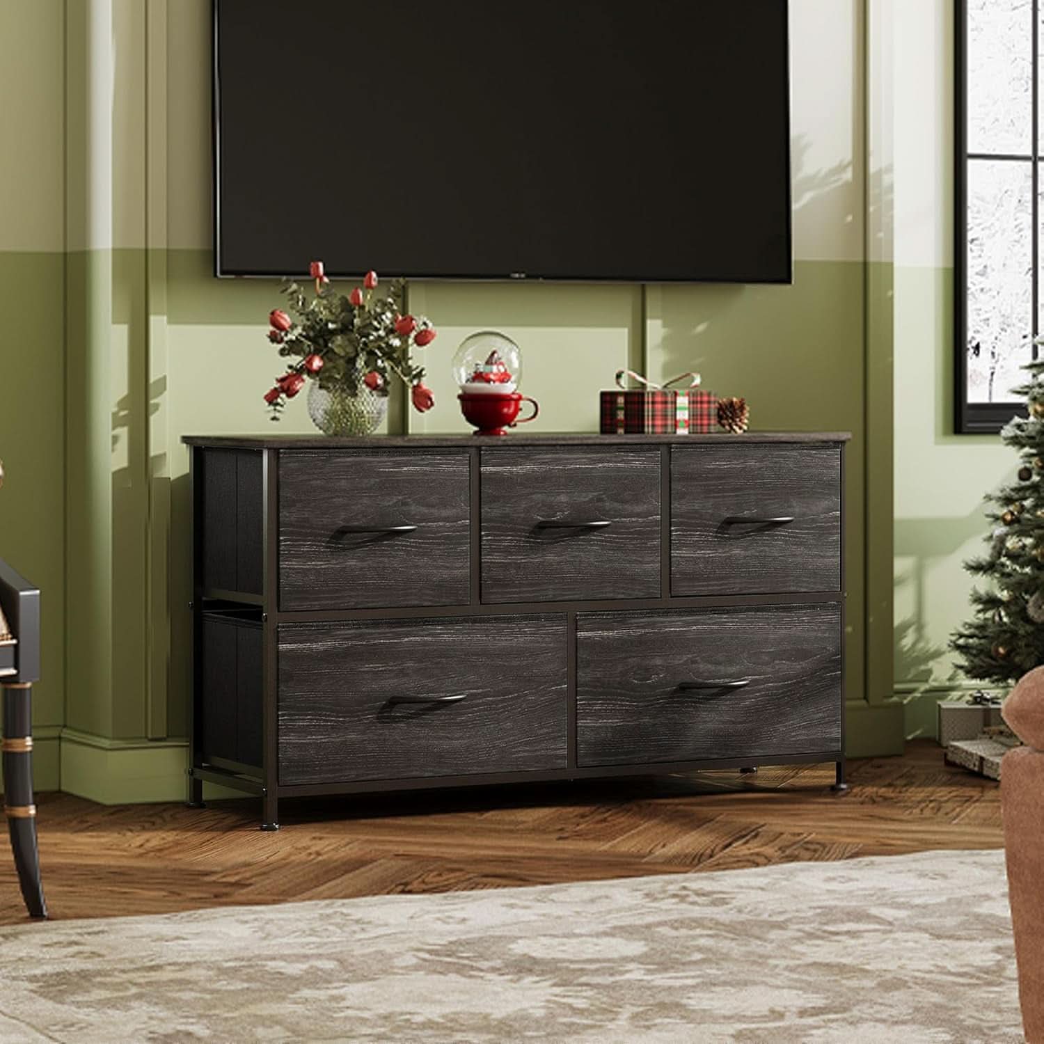 Charcoal Black Wood Grain Dresser With 5 Drawers And Fabric Bins