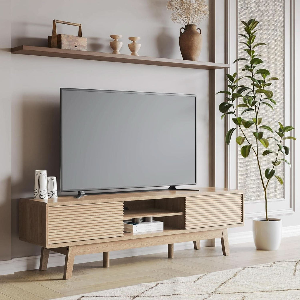 59 Inch Mid Century Modern TV Console Fluted Doors