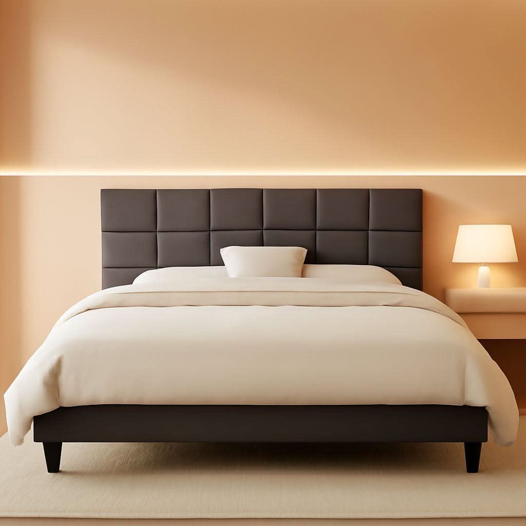 Queen Size Bed Frame With Grey Upholstered Headboard