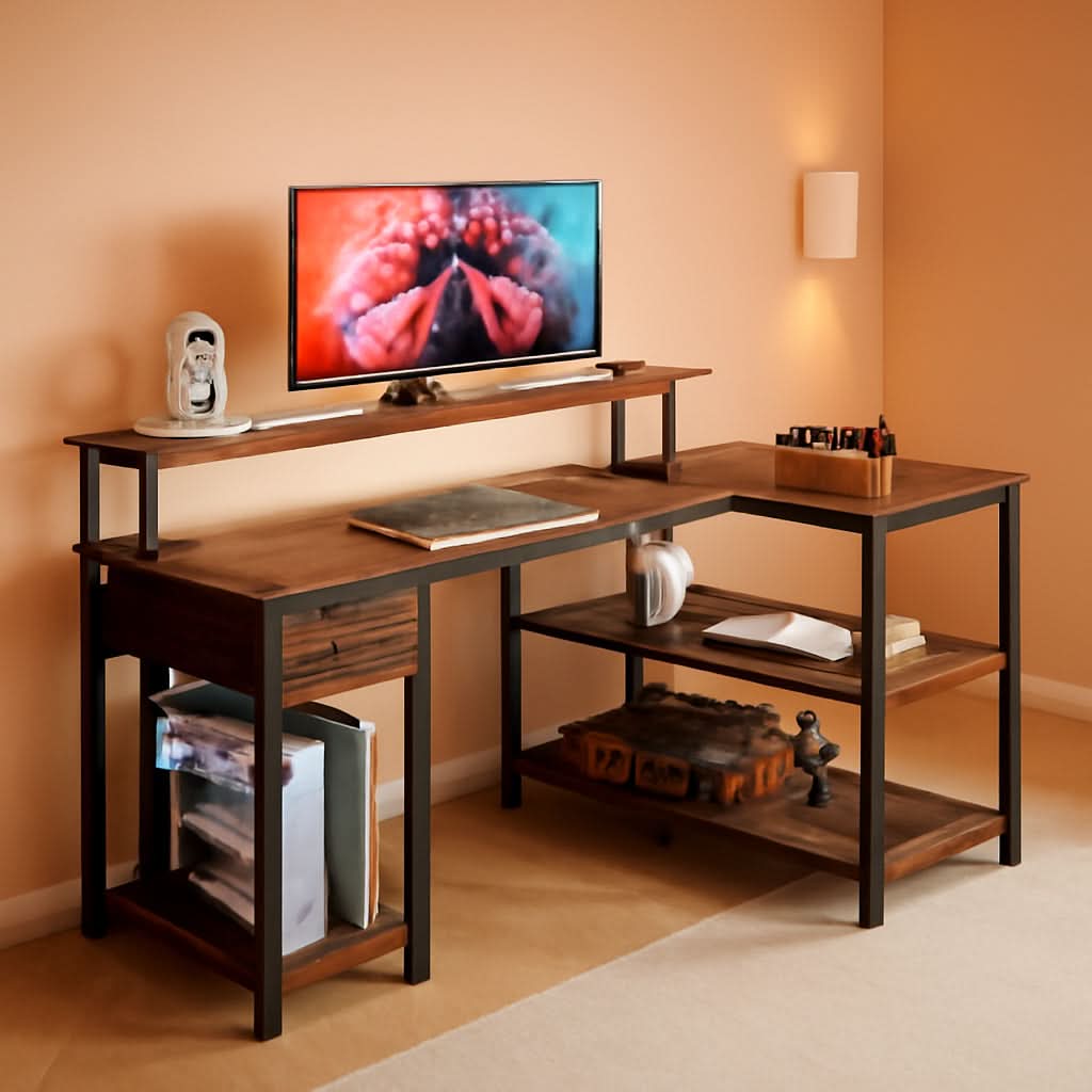 47 Inch L Shaped Desk With LED Lights And Power Outlets