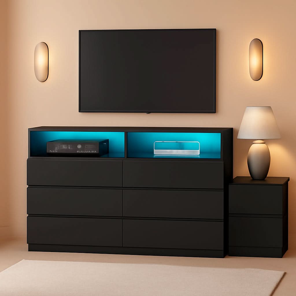 White 6 Drawer Dresser With LED Lighting And Charging Station