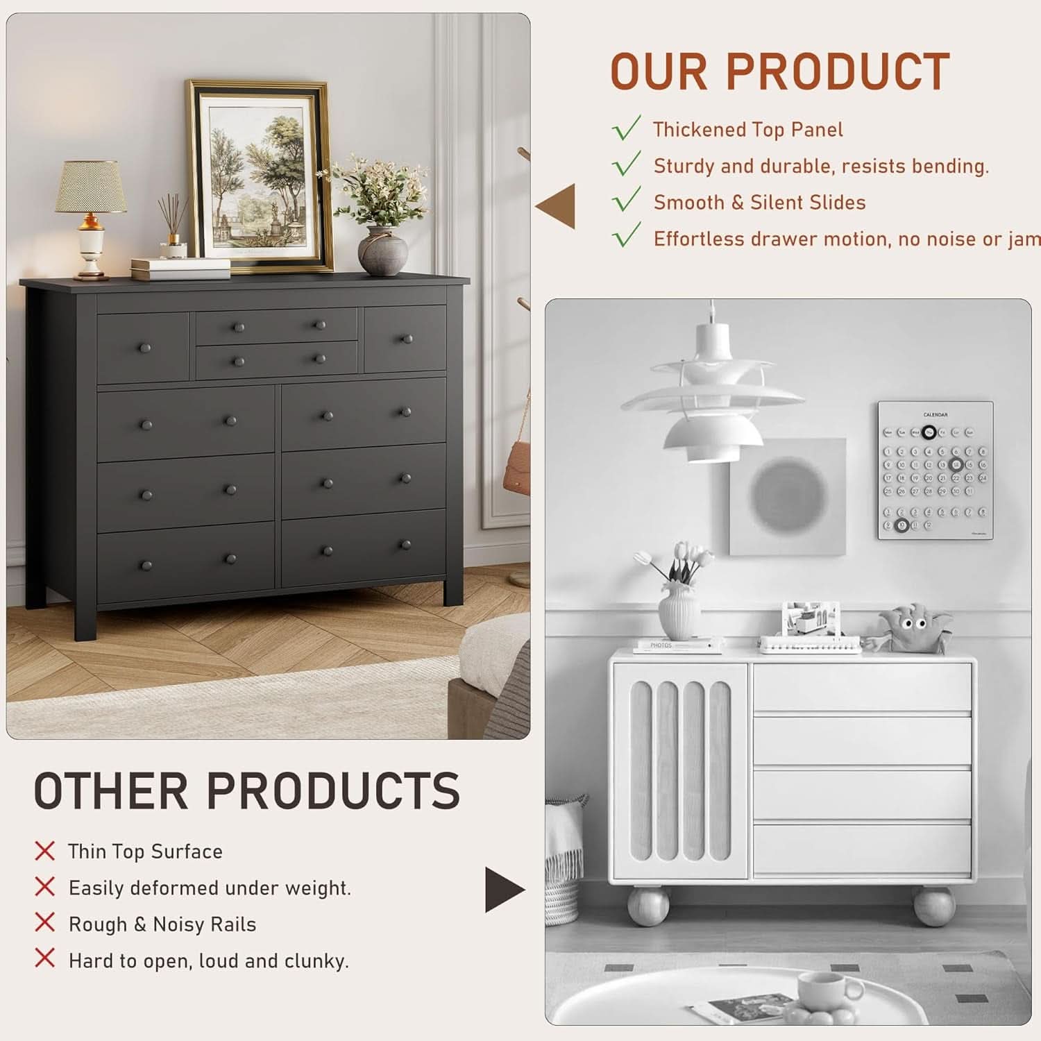 Ten Drawer Premium Hardwood Dresser Walnut Finishing