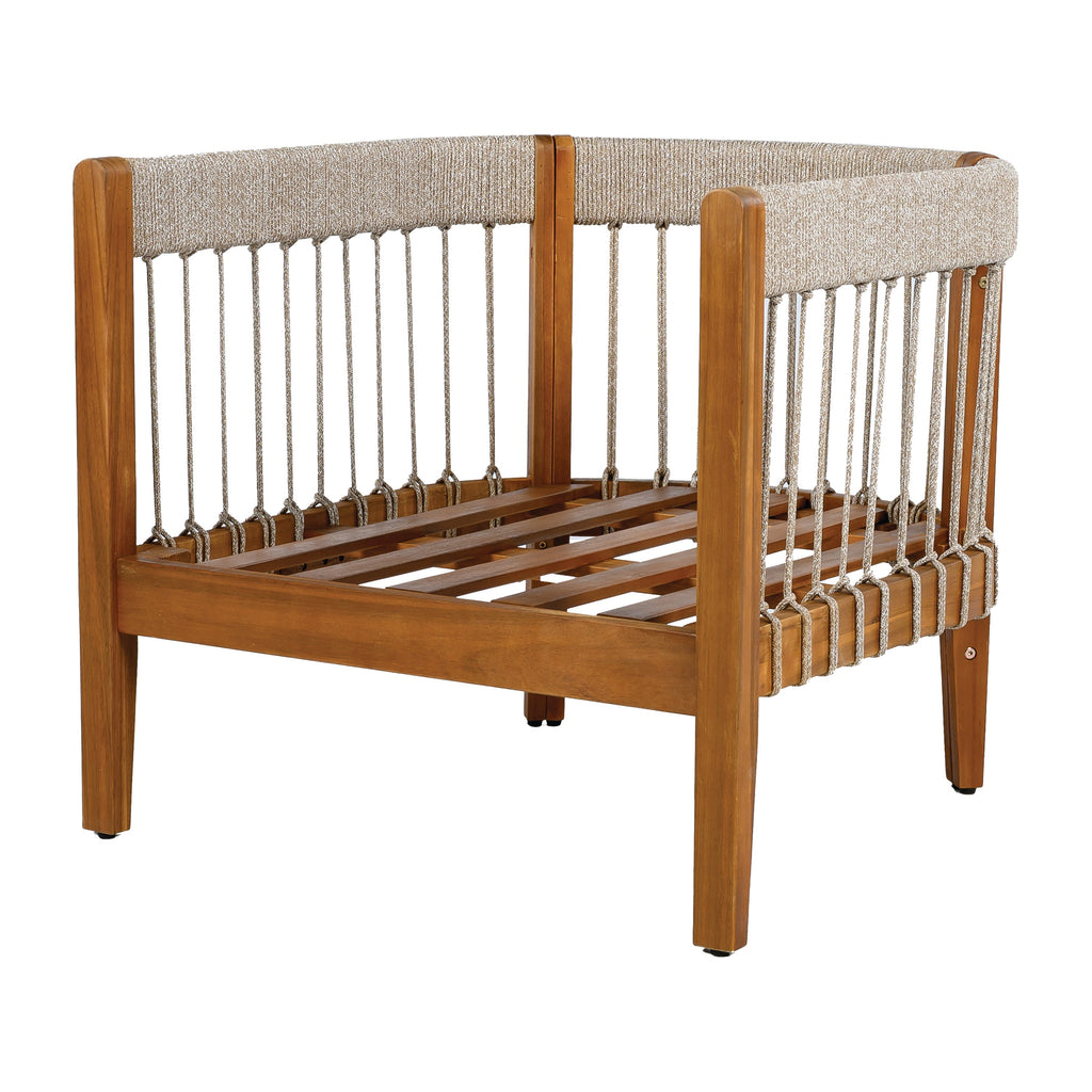Acacia Wood Outdoor Club Chair with Handwoven Rope Accents & Curved Backrest