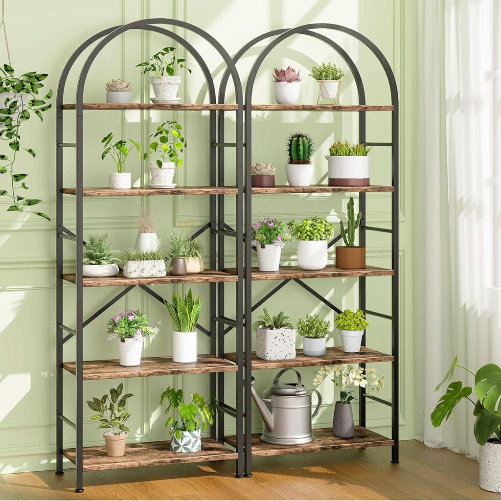 Arched Five Tier Bookshelf Rustic Brown Storage Unit