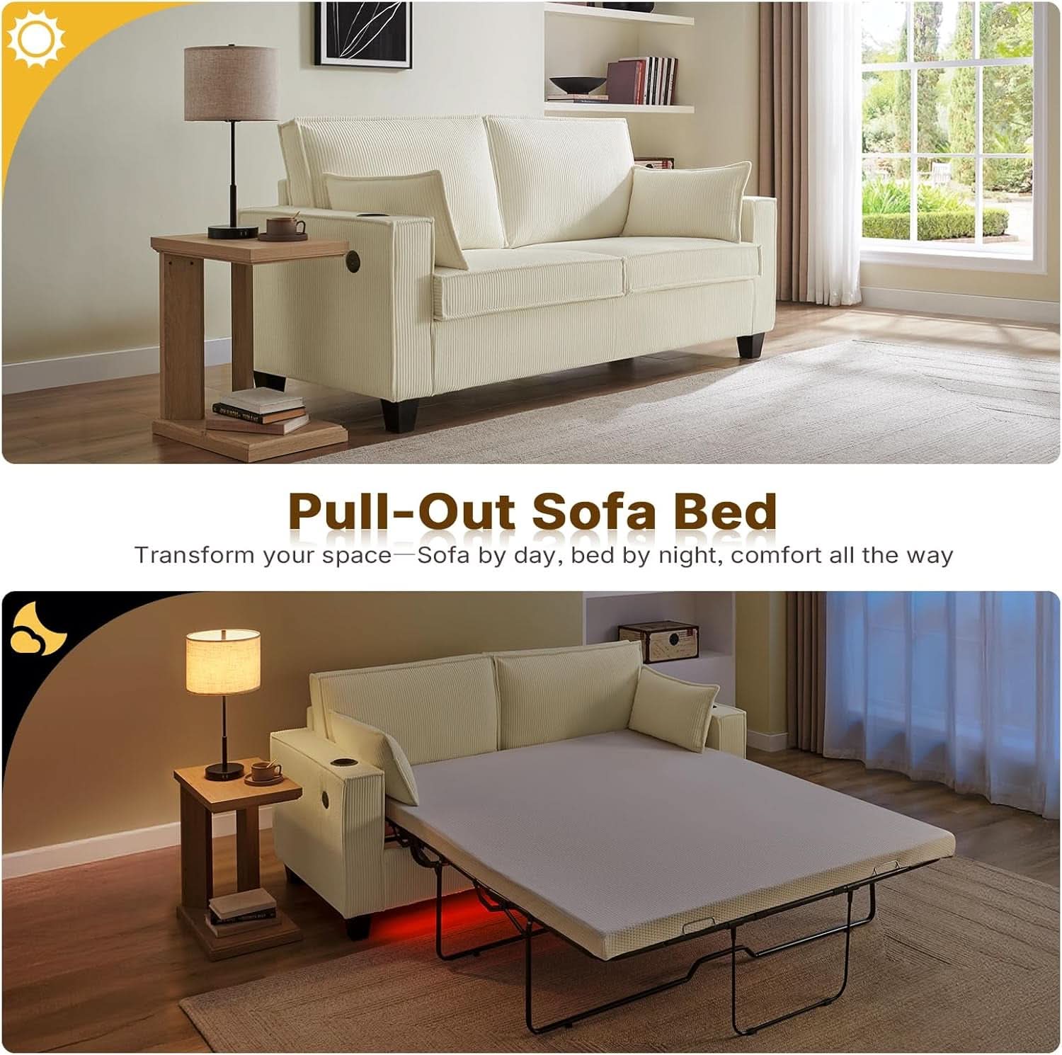 Beige 65-Inch Sleeper Sofa Bed, 2-in-1 Convertible
