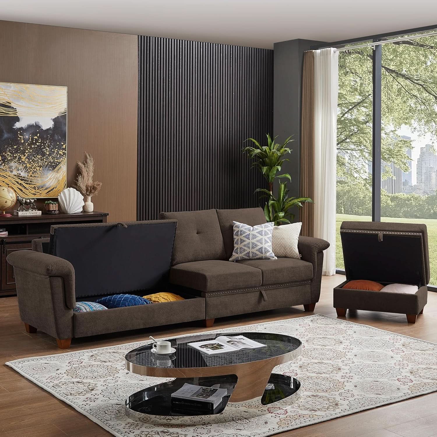 110 Inch Convertible Sectional Sofa With Storage Microfiber L Shaped Couch Ottoman Cup Holders
