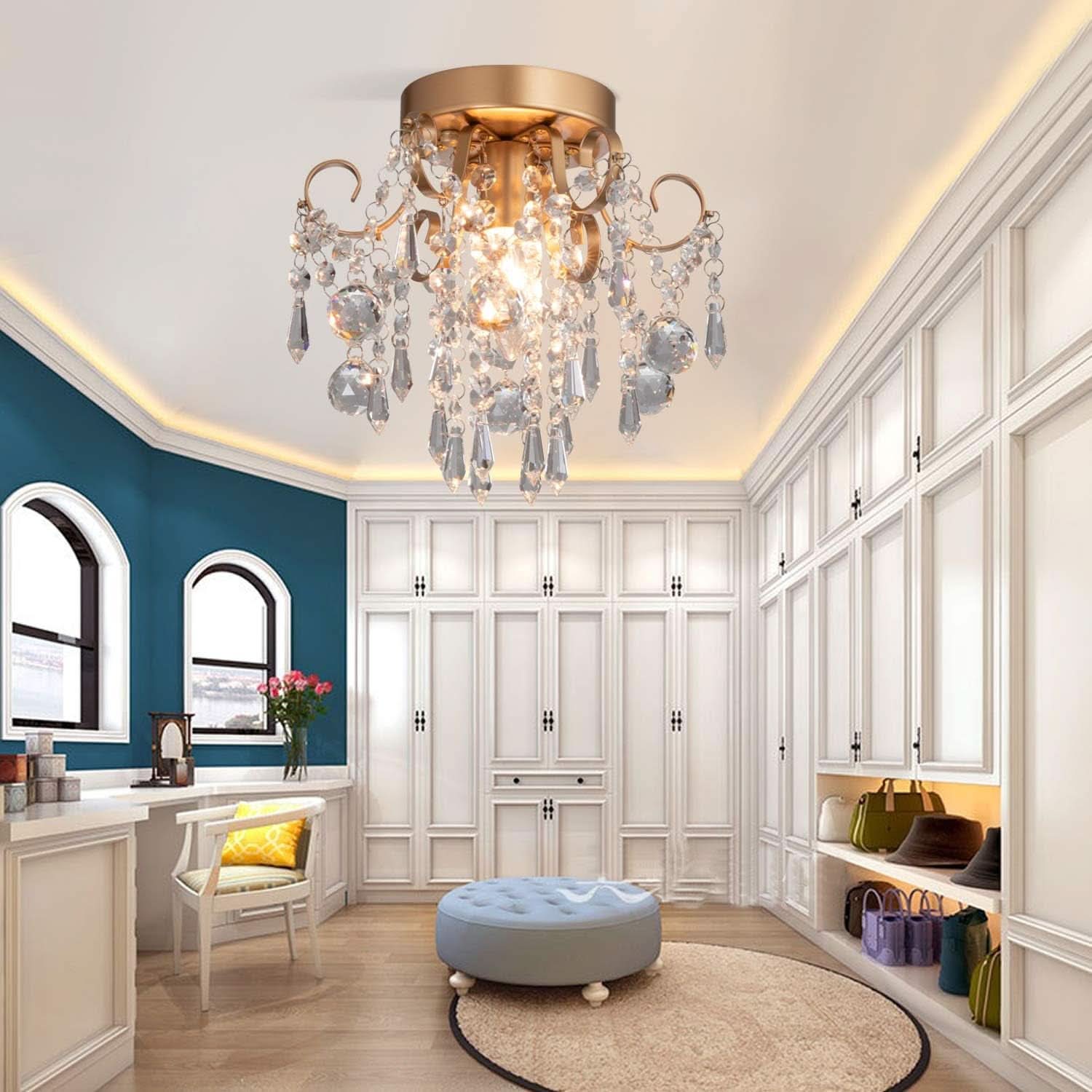 Mini Crystal Chandelier Flush Mount Gold Ceiling Light