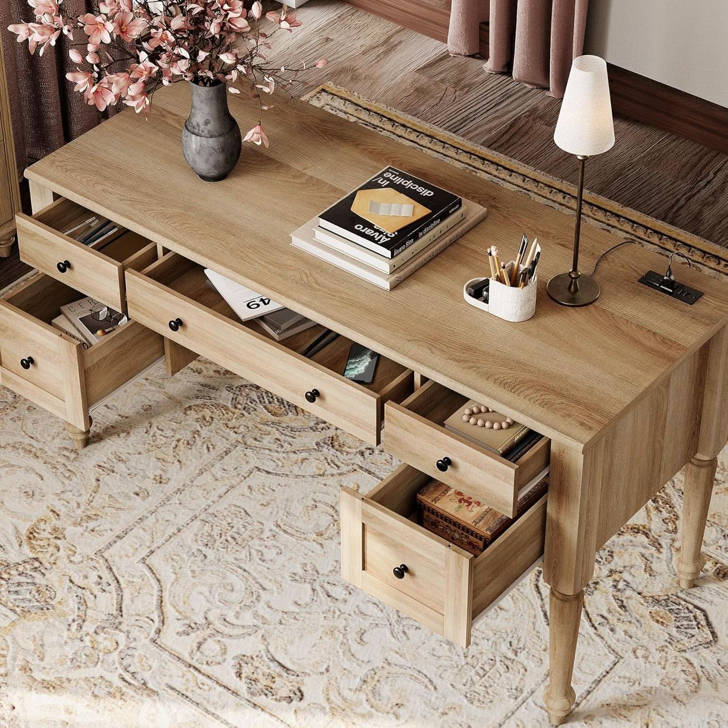 Oak 56 Inch Distressed Contemporary Workstation Desk