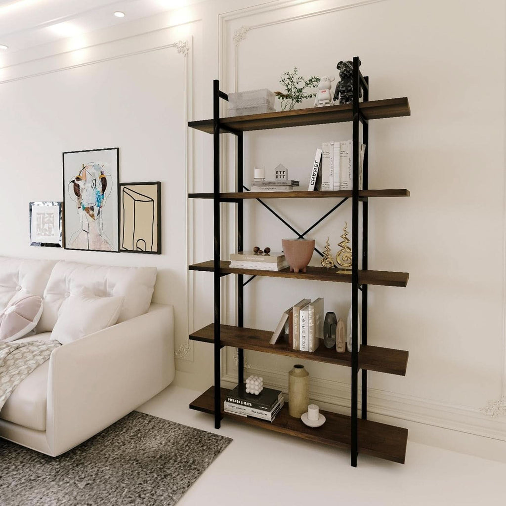 Five Tier Bookshelf Organizer Rustic Brown Metal Shelving