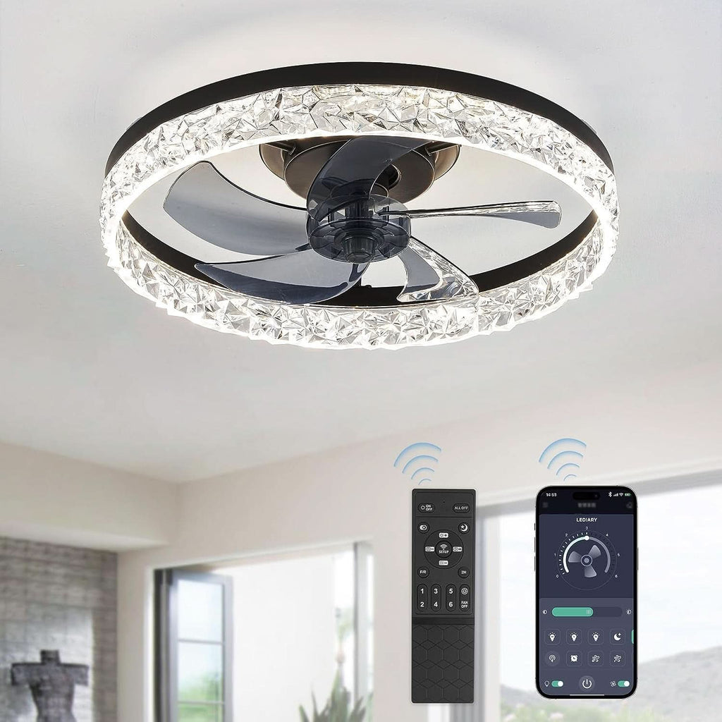 20 Inch Black Ceiling Fan With Lights And Remote, Dimmable, Flush Mount, Stepless Color Temperature, 6 Speeds