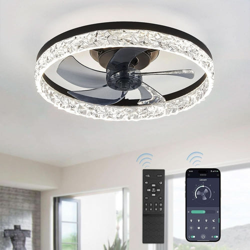 20 Inch Black Ceiling Fan With Lights And Remote, Dimmable, Flush Mount, Stepless Color Temperature, 6 Speeds