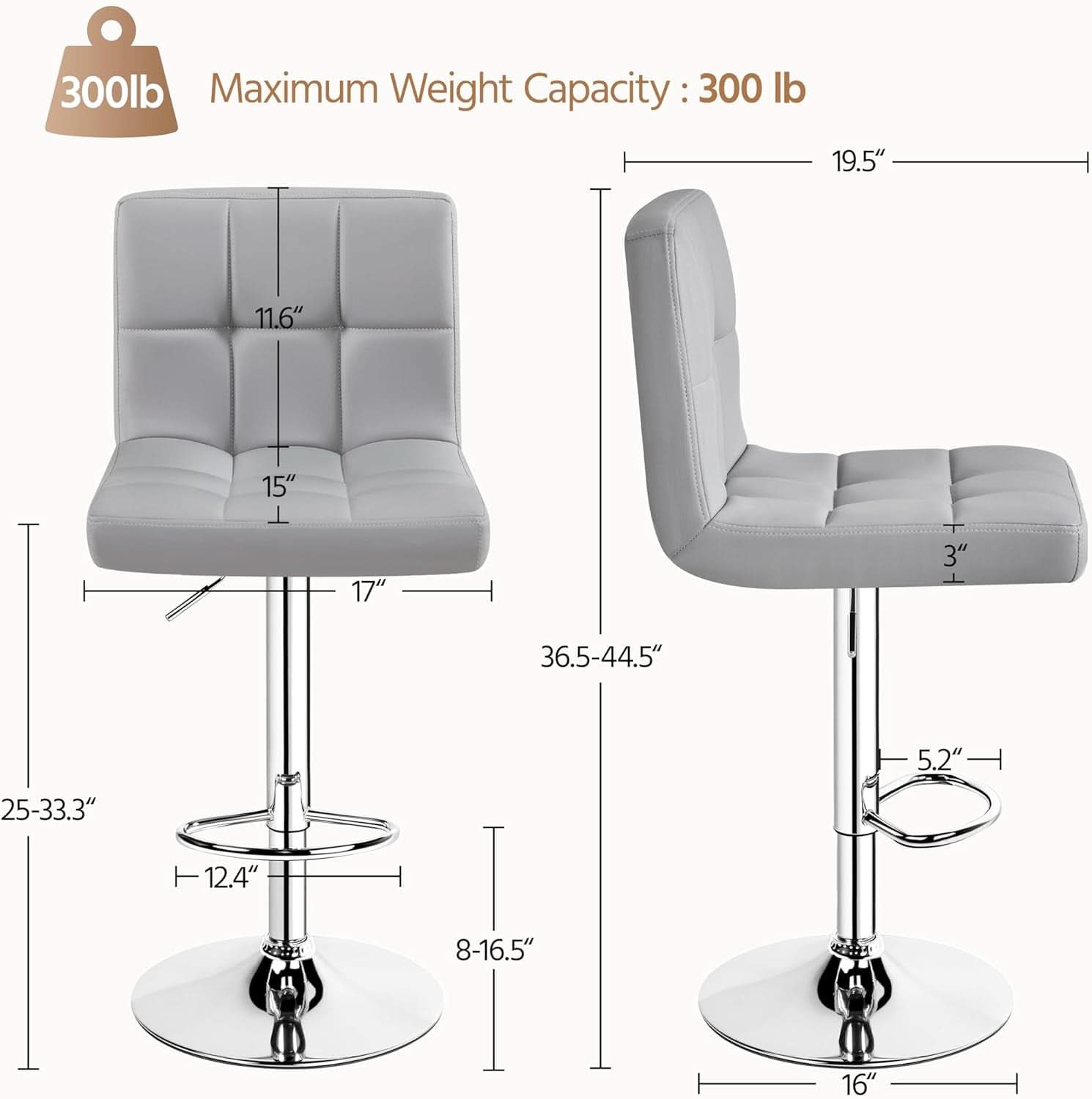 Bar Stools 2 Pack Adjustable Gray PU Leather Counter Height