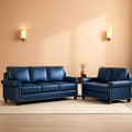 Two Piece Upholstered PU Leather Sofa Set Navy Blue With Storage Mid Century Modern Living Room