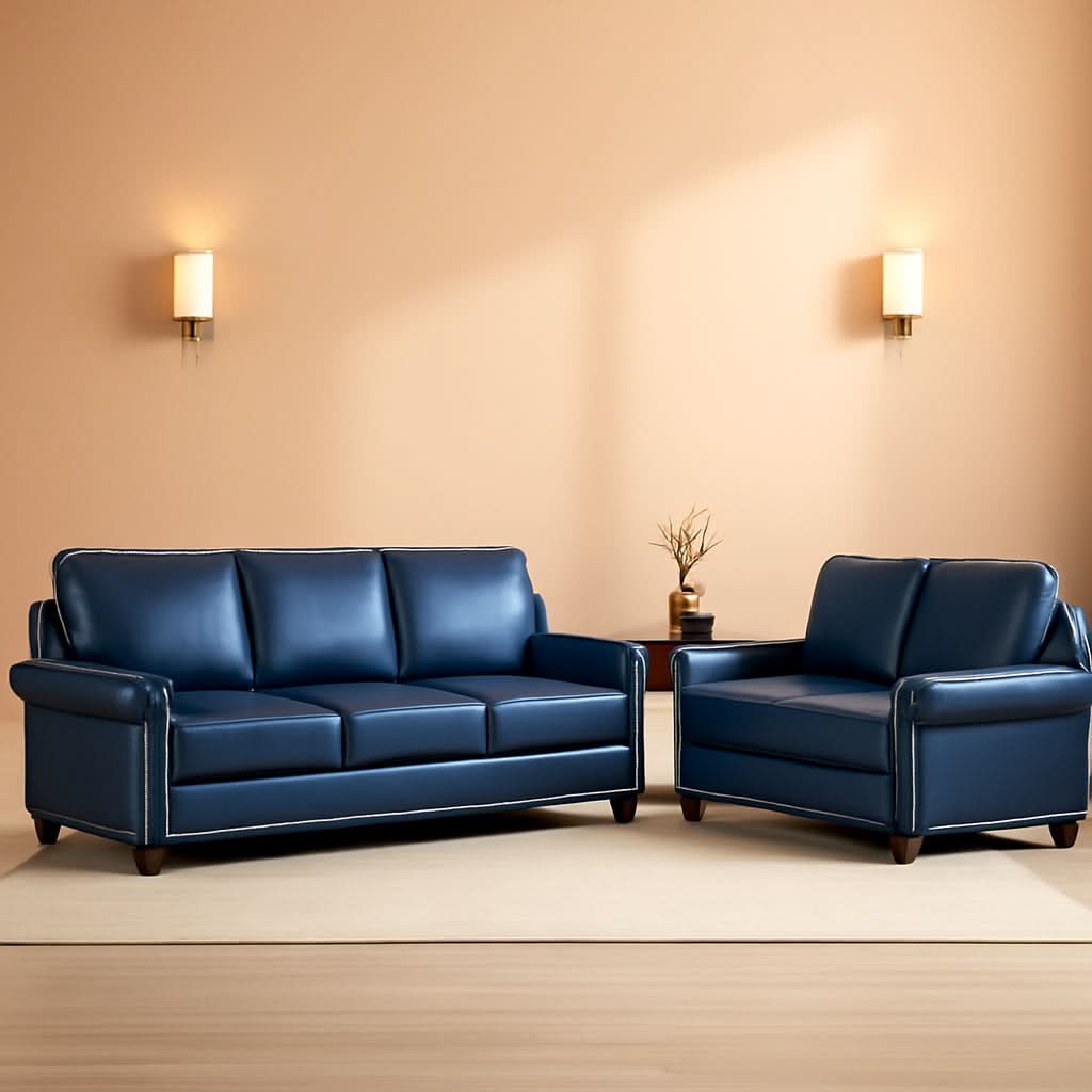 Two Piece Upholstered PU Leather Sofa Set Navy Blue With Storage Mid Century Modern Living Room