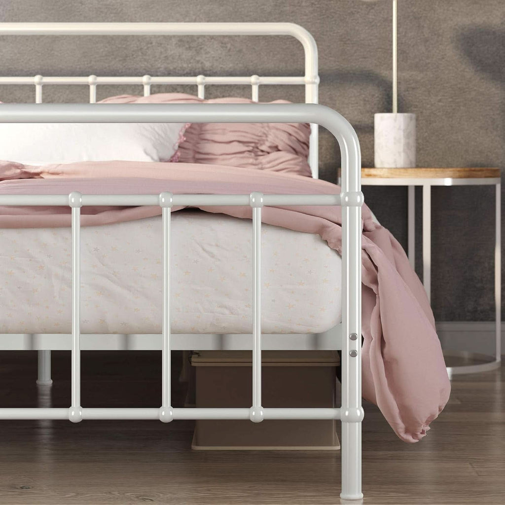 White Full Panel Metal Bed Frame Industrial Strength