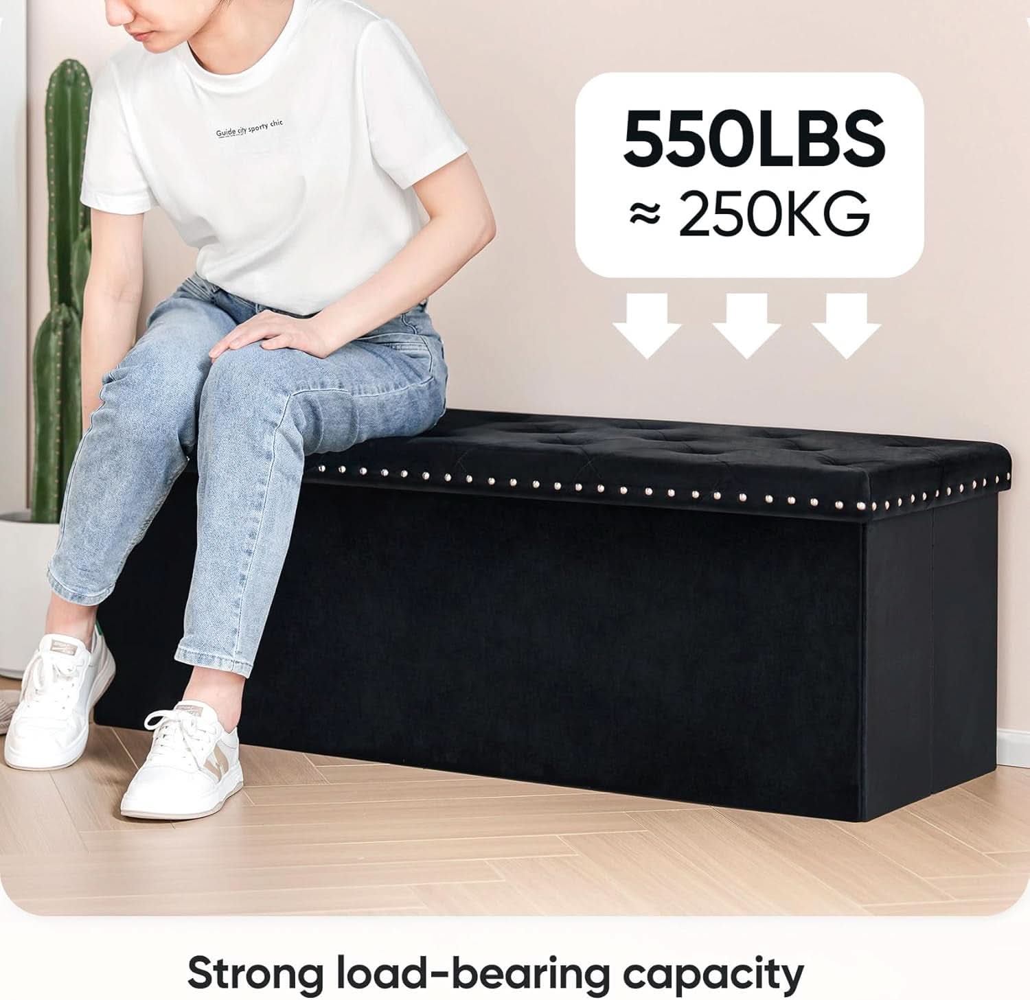 Jet Black Storage Ottoman Bench Seat 43.3 Inch Length