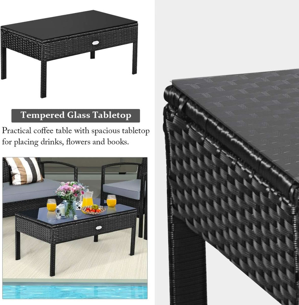 4 Piece Patio Rattan Furniture Set With Glass Coffee Table