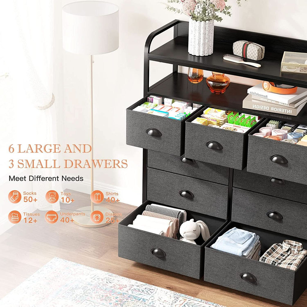 Dark Grey 9 Drawer Tall Fabric Dresser For Bedroom
