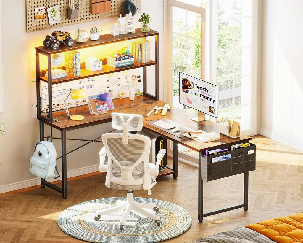 53 Inch L Shaped Desk With LED Lights And Power Outlet