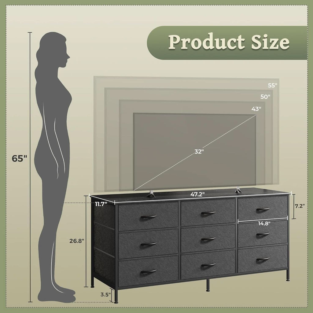 47 Inch 9 Drawer TV Stand Dresser For 50 55 Inch TVs Black