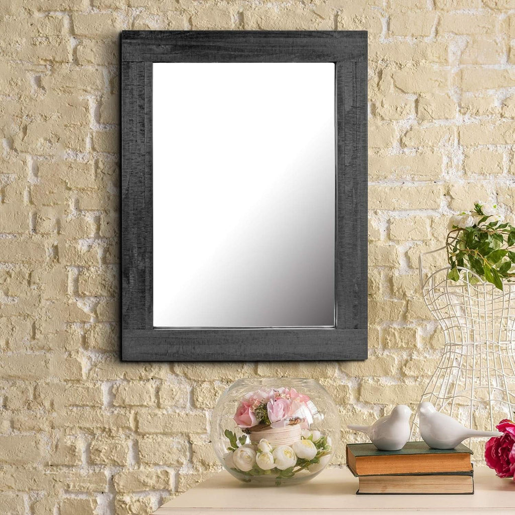 24x18 Inch Rectangle Black Wood Frame Wall Mirror With Attached Hanging Brackets Rustic Decor
