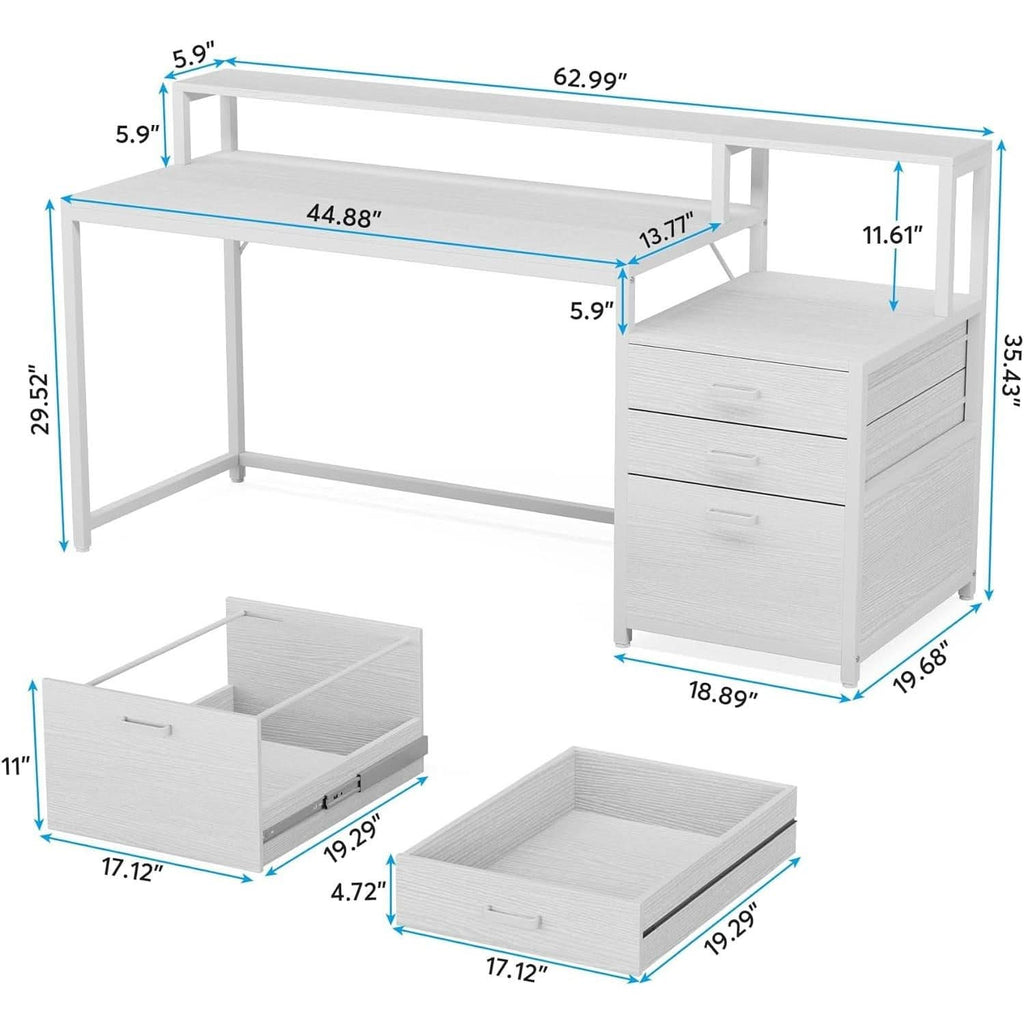 White Computer Desk With File Cabinet And Monitor Stand