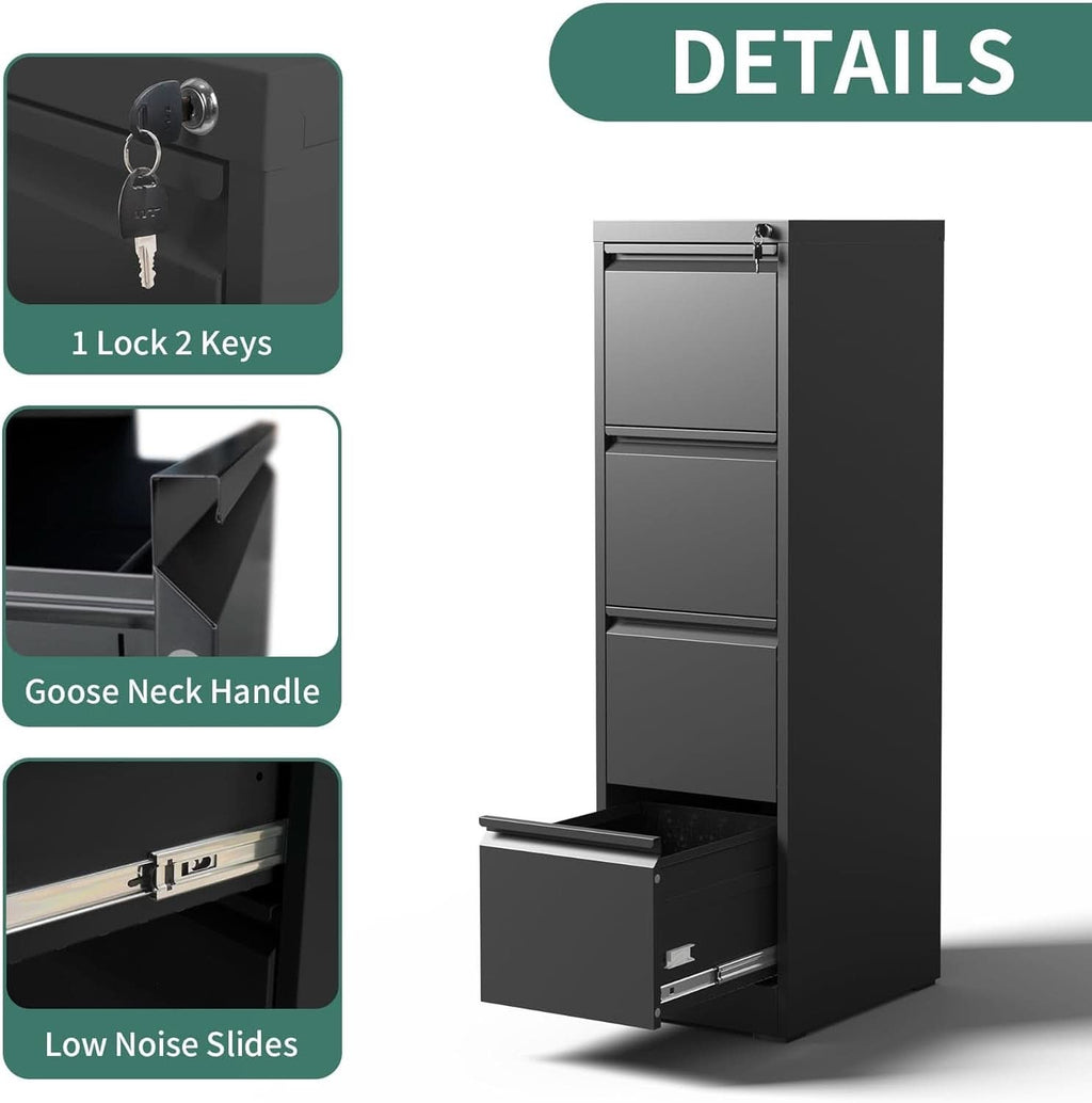 4 Drawer File Cabinet With Lock Black Metal Vertical Filing Cabinet