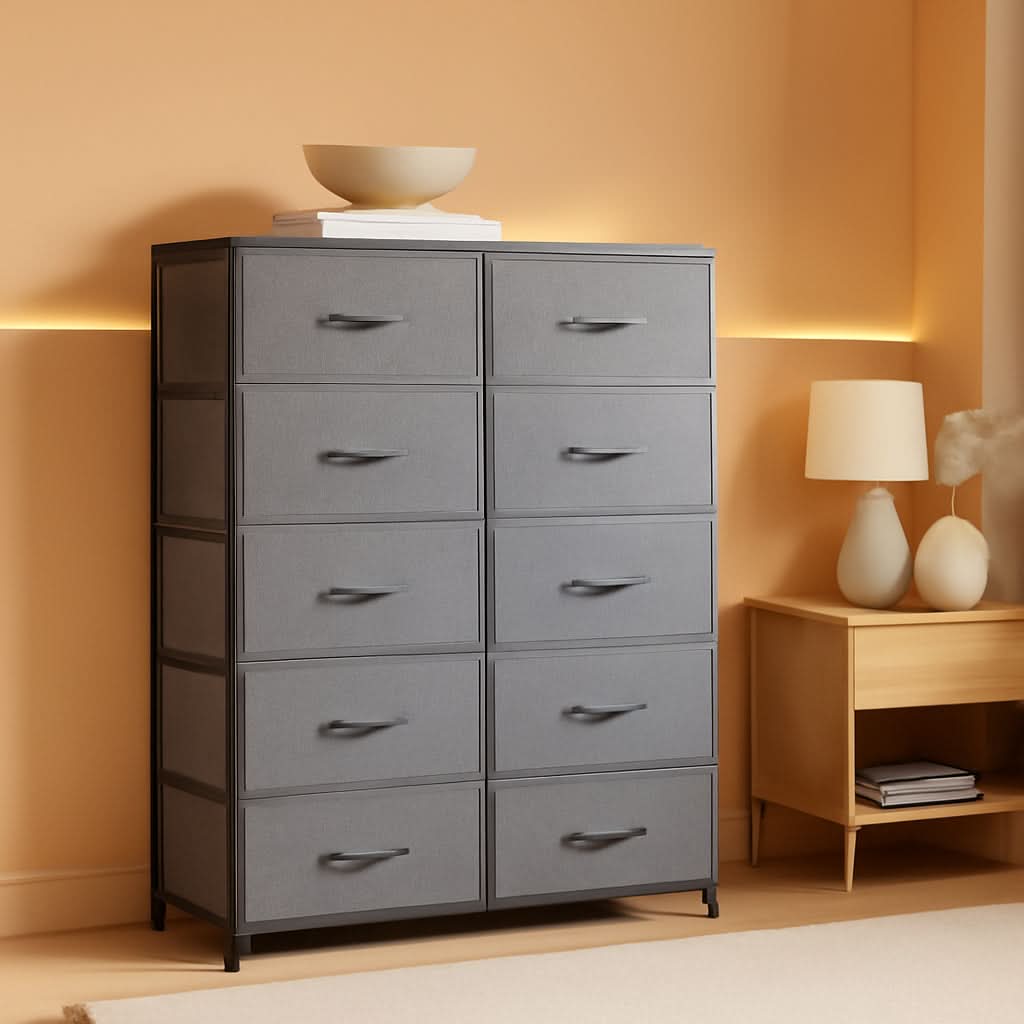 Tall Fabric Dresser With 10 Drawers Dark Grey Metal Frame