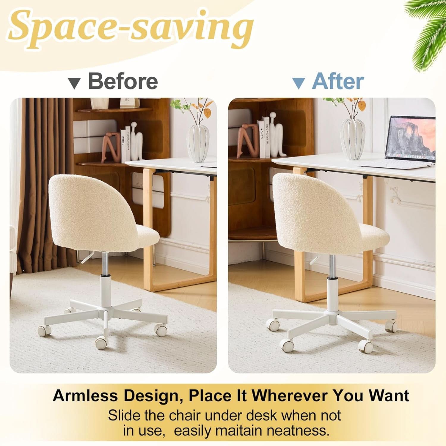Armless Creamy Beige Teddy Fleece Office Desk Chair With Wheels
