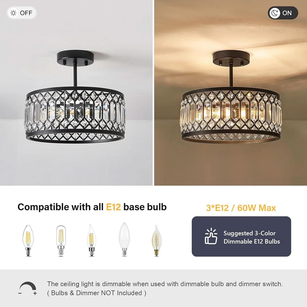 Crystal Black Three Light Semi Flush Mount Ceiling Light